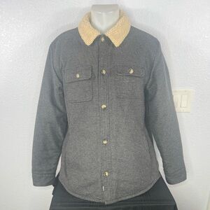 Marine Layer Faux Sherpa Lined Camping Charcoal Body and Tan Sherpa Shirt Sz M